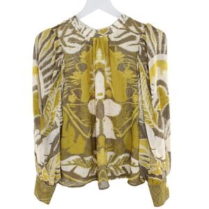 Rachel Zoe Blouse Abstract Ikat Metallic Gold Thread Size L Yellow Grey